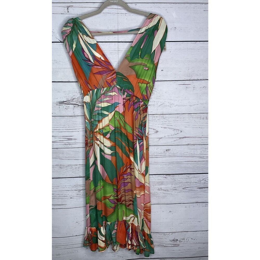 True Destination V Neck Dress Multicolor Tropical Leaf Print Sleeveless Casual S - Picture 5 of 11